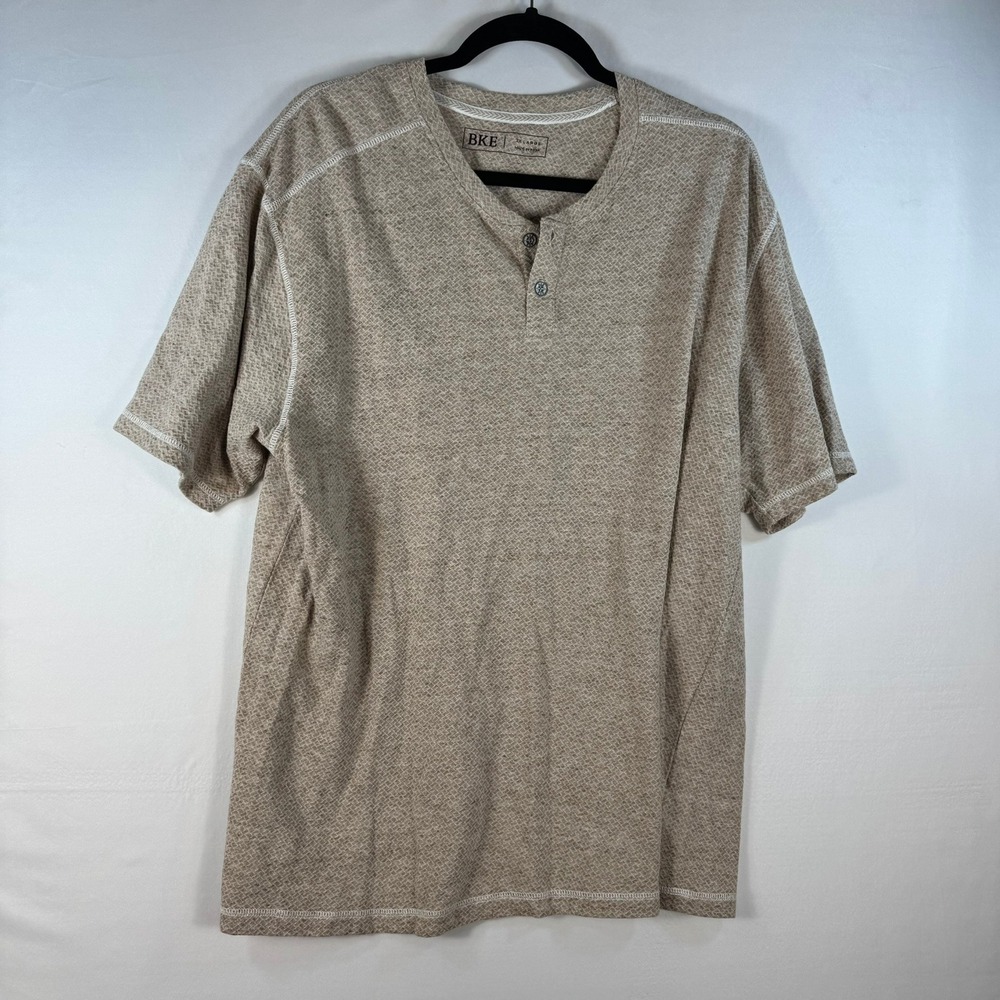 BKE Mens Tan Textured Knit Short Sleeve Henley Shirt 2X Large Contrast Stitch
